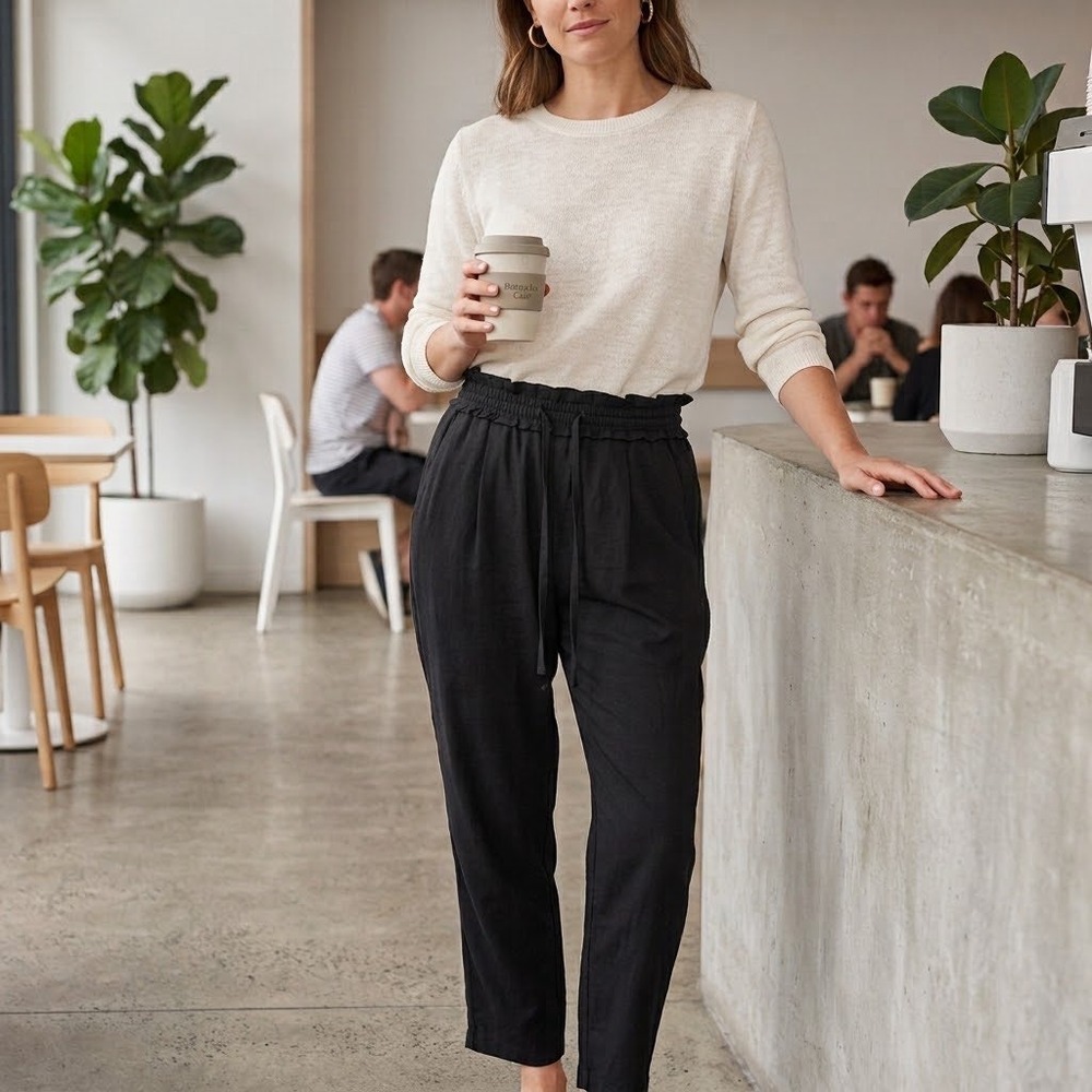Paperbag Waist Tie Zara Black Woven Relaxed Pants Size M Medium